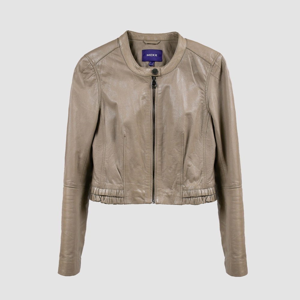 MEXX Lambskin Leather Bomber Jacket Ruffled Edge Taupe Size EU 40/UK 14/US 10